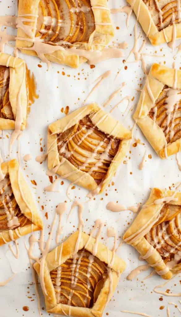 Easy Pear Galettes, flaky puff pastry with fan sliced pears and warm spices, golden edges and icing drizzle, simple fall pear dessert for beginners