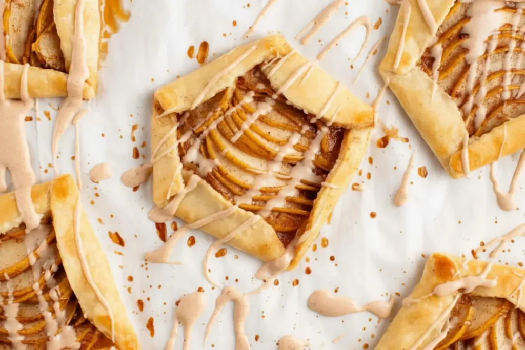 Easy Pear Galettes on parchment, rustic puff pastry squares filled with thinly sliced pears and cinnamon, finished with a light glaze drizzle, perfect quick pear dessert