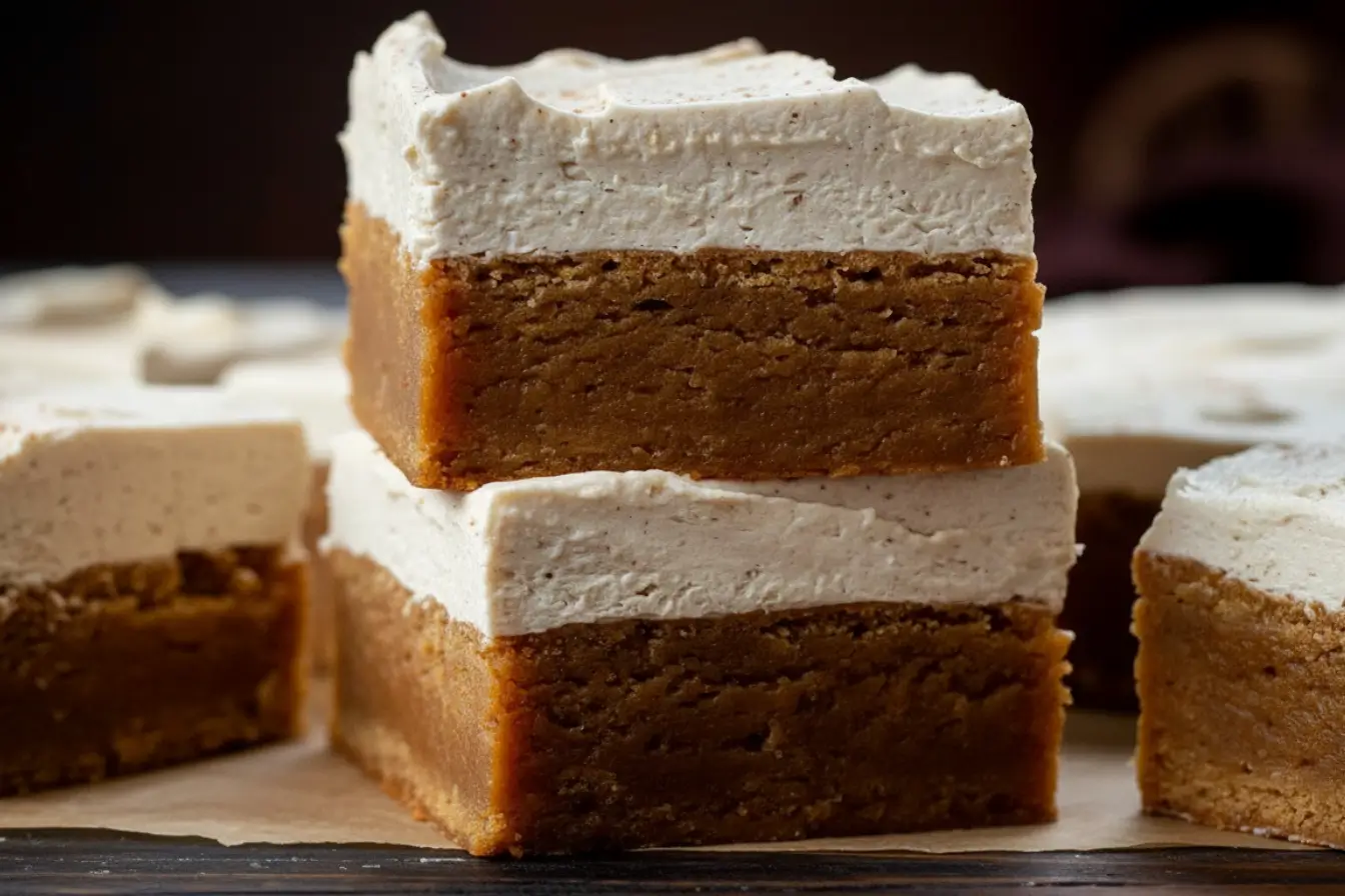 Frosted Gingerbread Brownies stacked on a board, chewy spiced bars with creamy frosting, perfect for holiday baking and cookie exchange