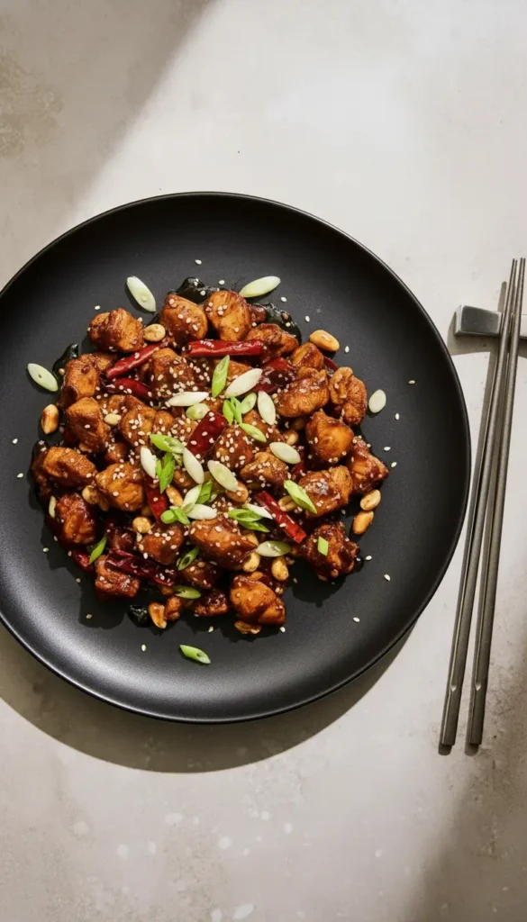 Authentic Kung Pao Chicken sizzling, tender chicken cubes, red chilies, scallions, and peanuts in a savory hoisin soy glaze