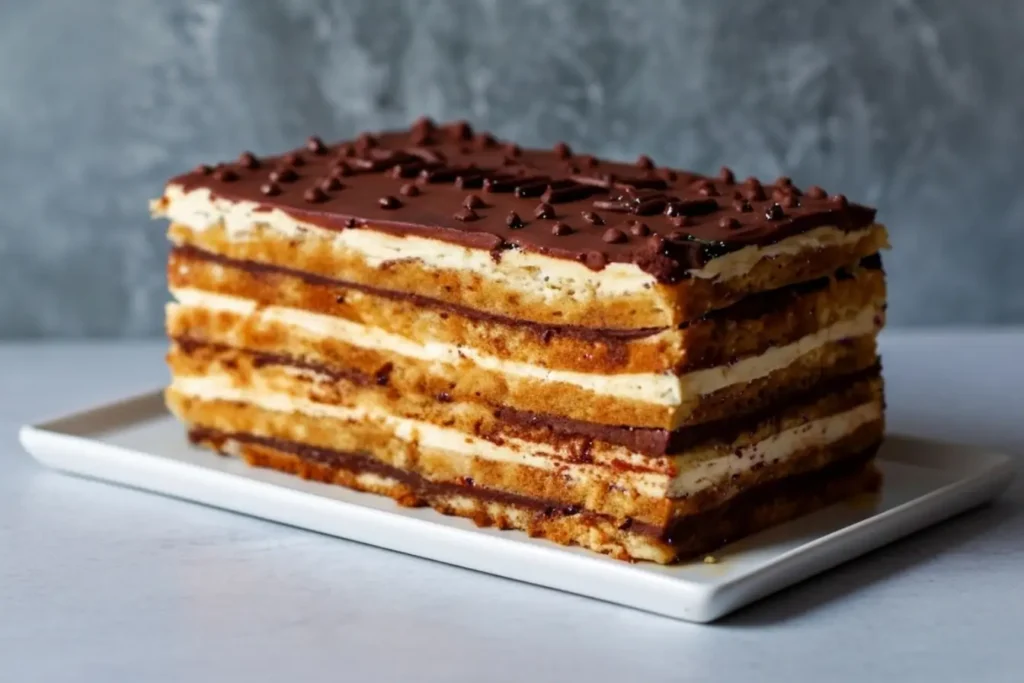 Rectangular Opera Cake on a white platter, neat layers of almond sponge, coffee buttercream, and chocolate ganache topped with chips, moody gray backdrop