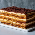 Easy Opera Cake – Insider Tips and Secrets to Unlock Paris Pastry Level Results 5 Rectangular Opera Cake on a white platter, neat layers of almond sponge, coffee buttercream, and chocolate ganache topped with chips, moody gray backdrop