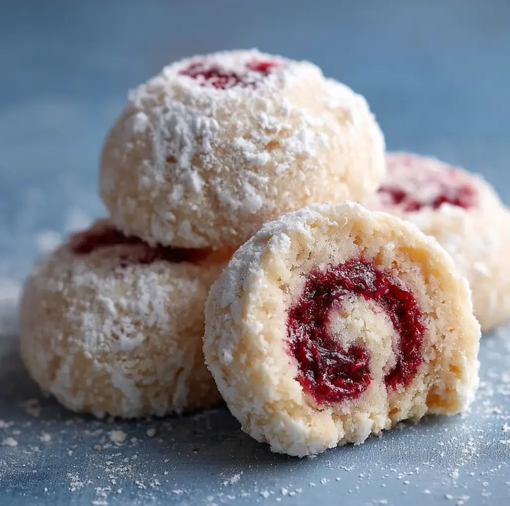 Raspberry Filled Almond Snowball Cookies S Featured e1762694328753 Raspberry-Filled Almond Snowball Cookies