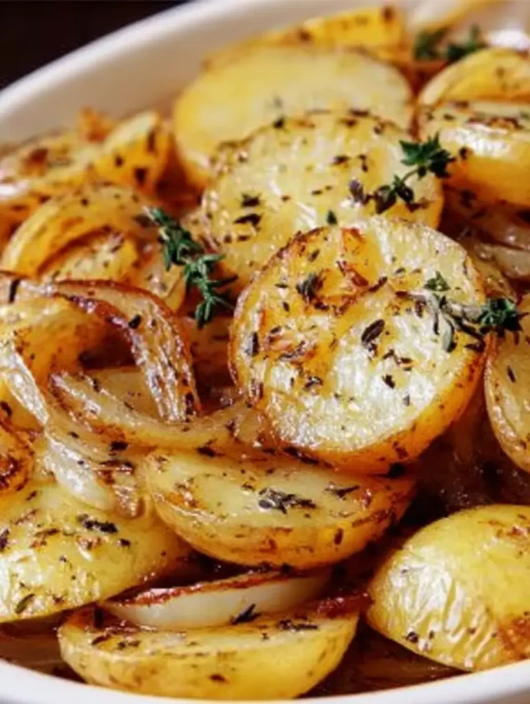 Overhead bowl of Slow Cooker Lipton Onion Potatoes, browned edges, soft centers, onion soup mix seasoning, easy comfort food