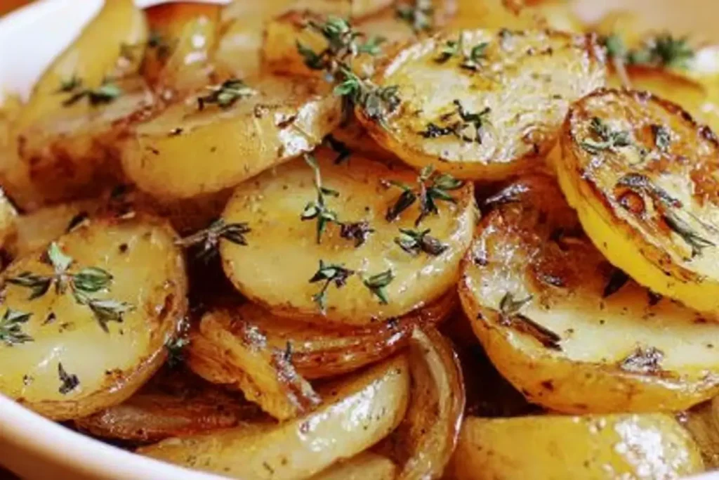 Slow Cooker Lipton Onion Potatoes with golden sliced potatoes, caramelized onions, and thyme, tender and buttery crockpot side dish
