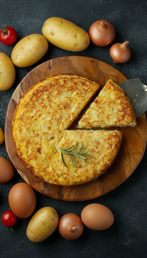 Authentic Tortilla de Patatas - Restaurant-Quality Results At Home 4 Easy Tortilla de Patatas recipe, crispy golden Spanish omelette made with potatoes and eggs, perfect for tapas, breakfast, or dinner, served on a rustic board