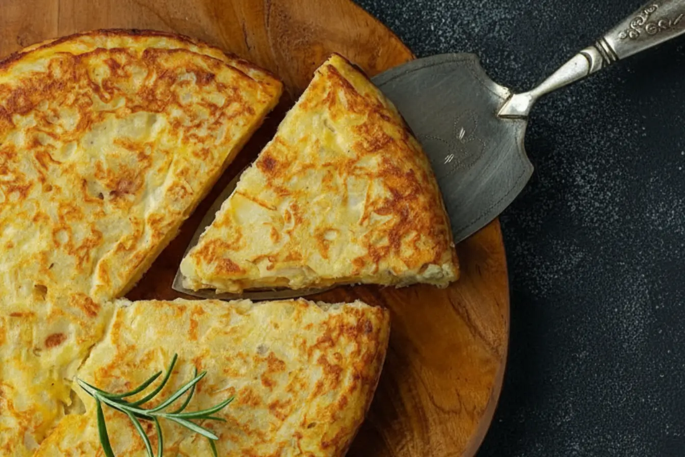Authentic Tortilla de Patatas - Restaurant-Quality Results At Home 3 Tortilla de Patatas, traditional Spanish potato omelette on a wooden board with a cut slice
