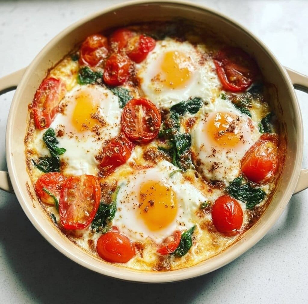 VVwHnlYPeGvSyG79Vlrr5j1Xy9gTWoOIyT67M5xW 1 e1763052088482 Baked Feta Eggs with Tomatoes and Spinach