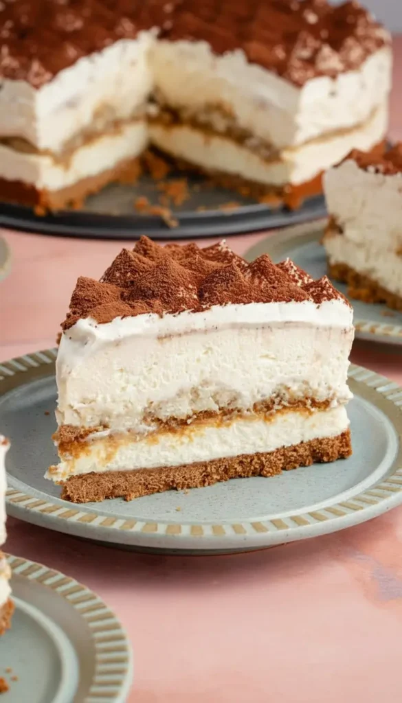 Dairy free Vegan Tiramisu Cheesecake, no bake texture with whipped mascarpone style cream and rich cocoa finish