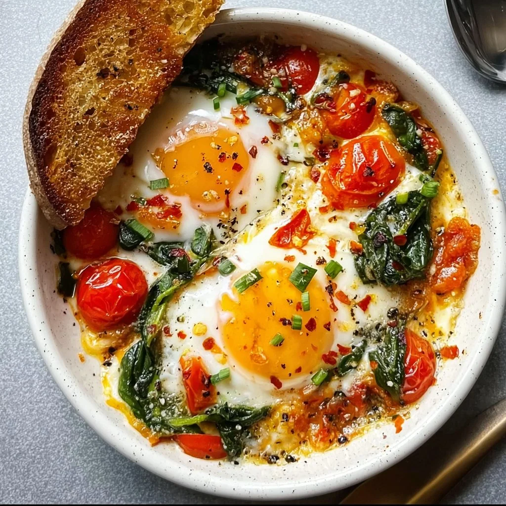 Baked feta eggs with fresh tomatoes and spinach in a rustic dish