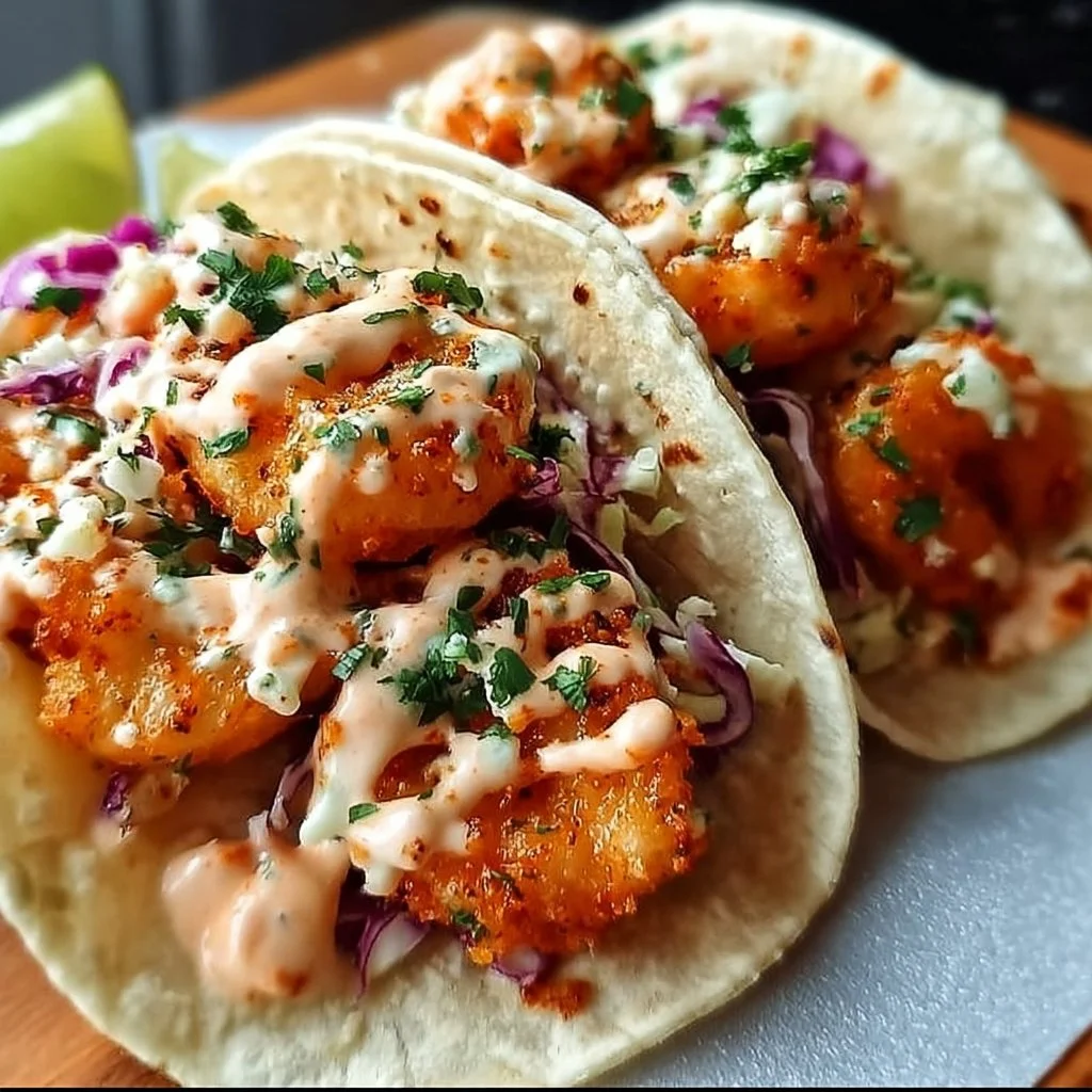 Bang Bang Shrimp Tacos topped with creamy sauce and fresh ingredients