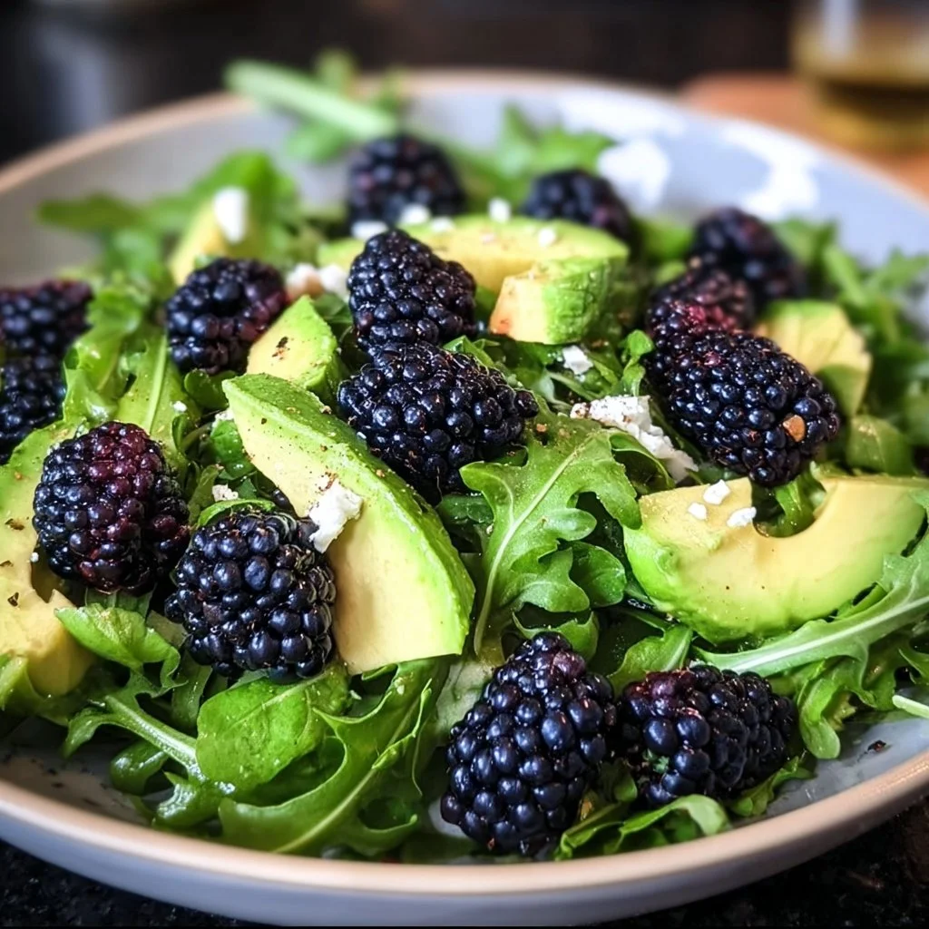 Blackberry Avocado Salad with arugula on a plate
