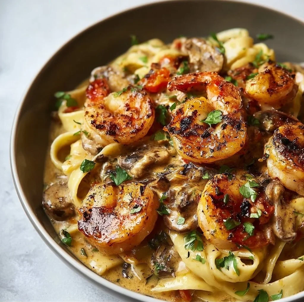 Delicious blackened shrimp stroganoff served in a creamy sauce over pasta.