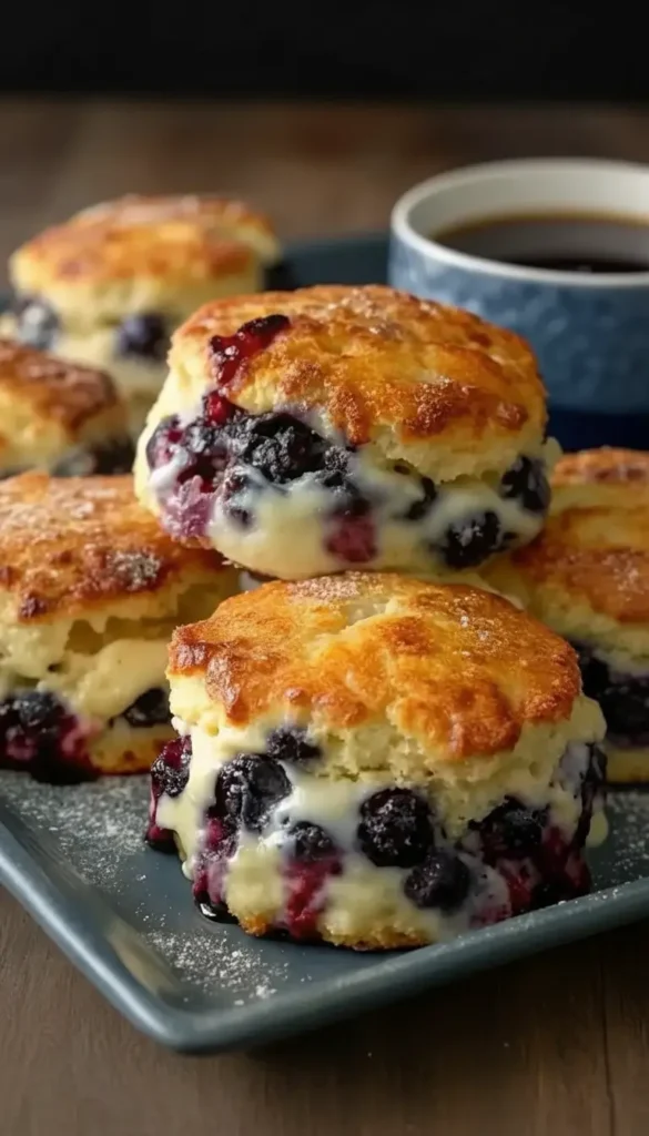 Flaky Blueberry Biscuits packed with frozen blueberries, golden tops, creamy glaze, and a dusting of sugar, perfect for brunch