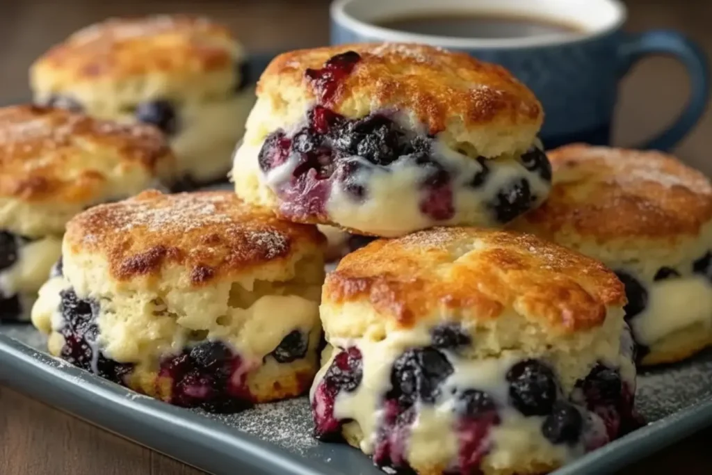 Blueberry Biscuits with vanilla glaze on a baking tray, fluffy layers and juicy berries, served with coffee for an easy breakfast treat