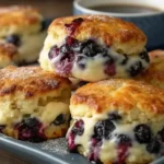 Blueberry Biscuits with vanilla glaze on a baking tray, fluffy layers and juicy berries, served with coffee for an easy breakfast treat