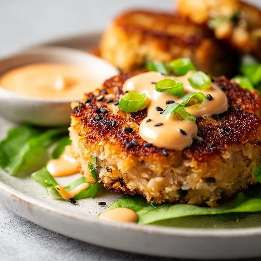 Asian-style tuna cakes served with spicy mayo on a plate