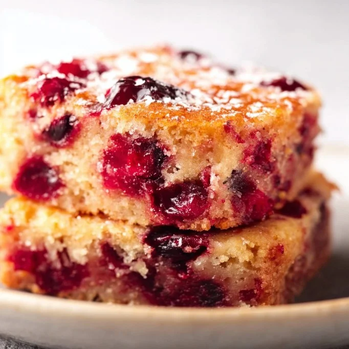 A delicious cranberry breakfast cake served on a plate with fresh cranberries.