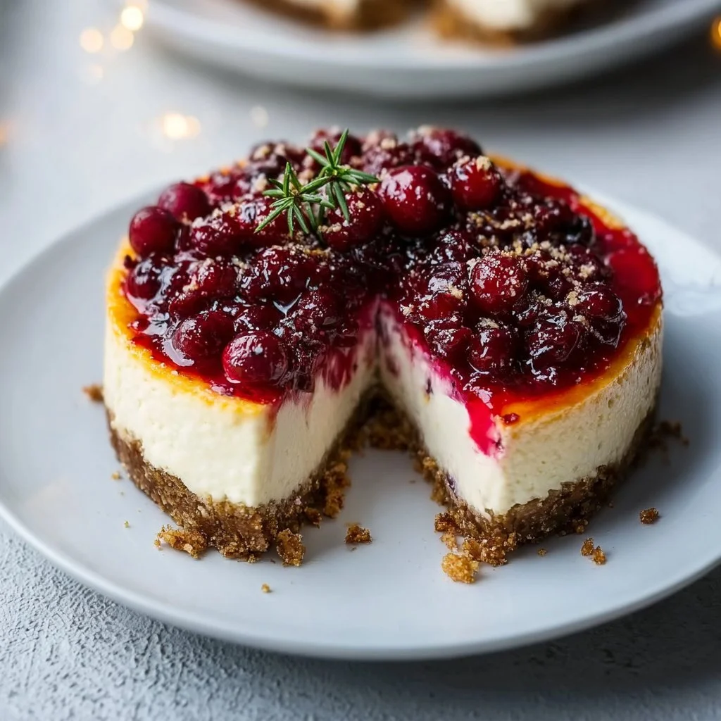 Deliciously creamy Cranberry Orange Cheesecake topped with fresh cranberries and orange zest.