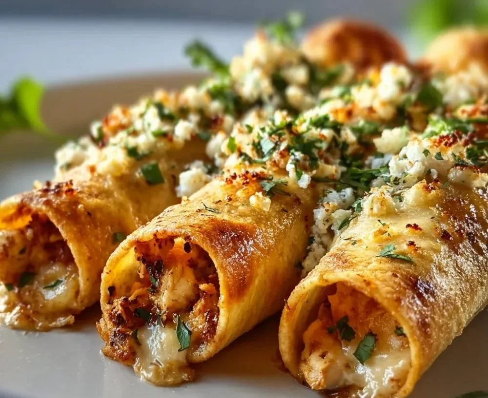 Delicious Crispy Chicken Taquitos served on a plate with dipping sauce.