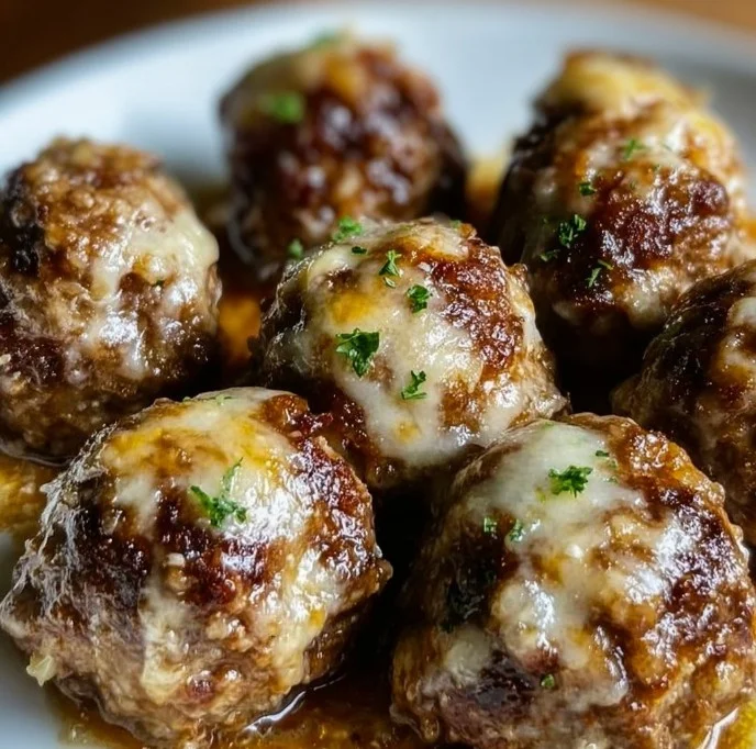 Crockpot French Onion Meatballs served with melted cheese and caramelized onions.