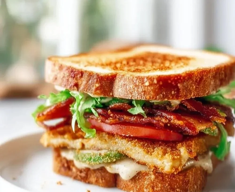 Crunchy Fried Green Tomato BLT Sandwich with lettuce and bacon on a plate