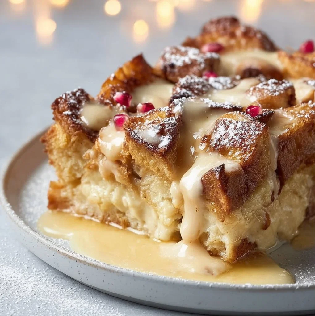 Delicious Eggnog Bread Pudding served with a sprinkle of nutmeg
