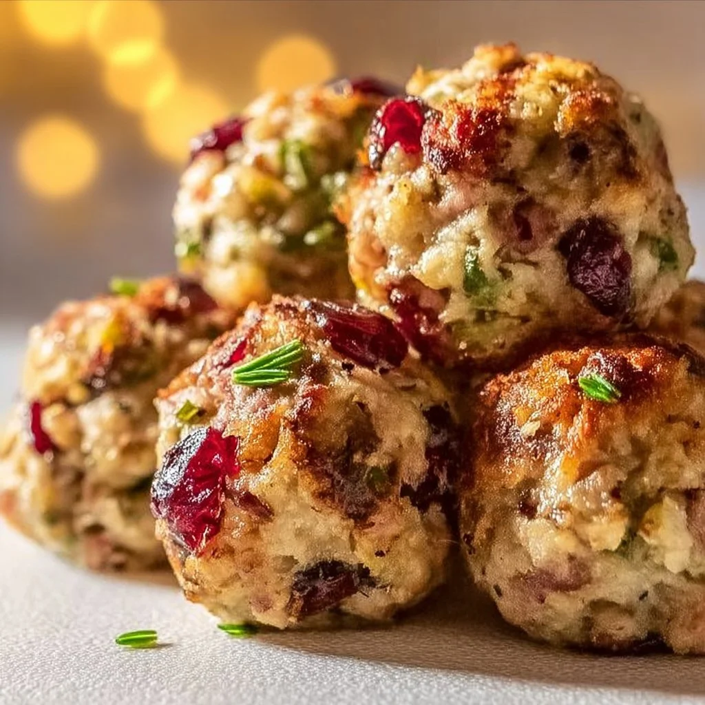 Festive Cranberry Turkey Stuffing Balls served on a platter