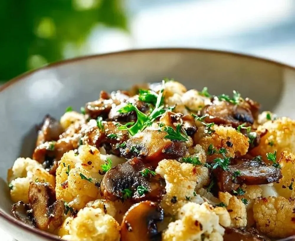 Garlic Cauliflower Mushroom Skillet with fresh ingredients in a skillet