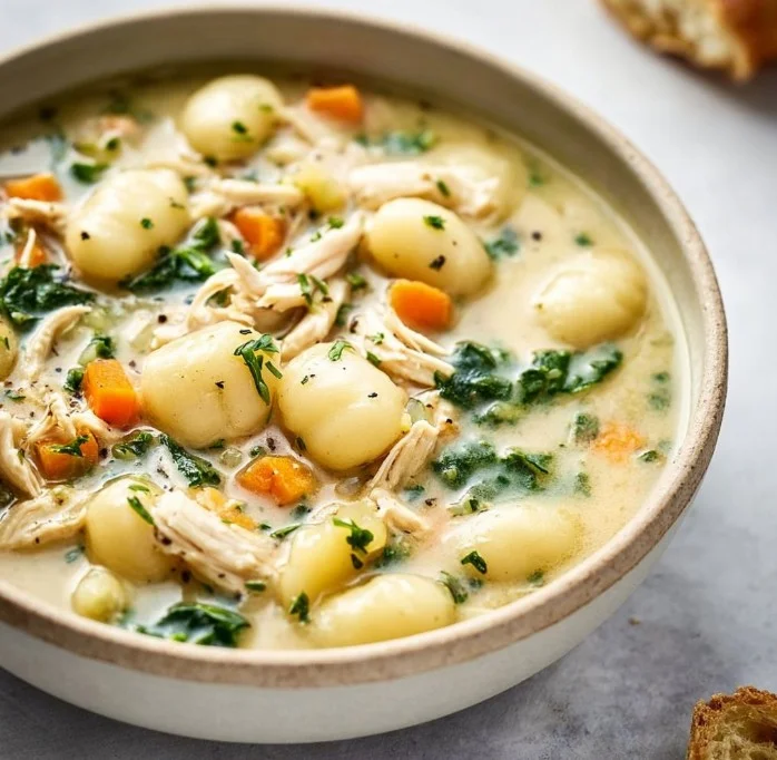Bowl of healthy rotisserie chicken gnocchi soup topped with herbs