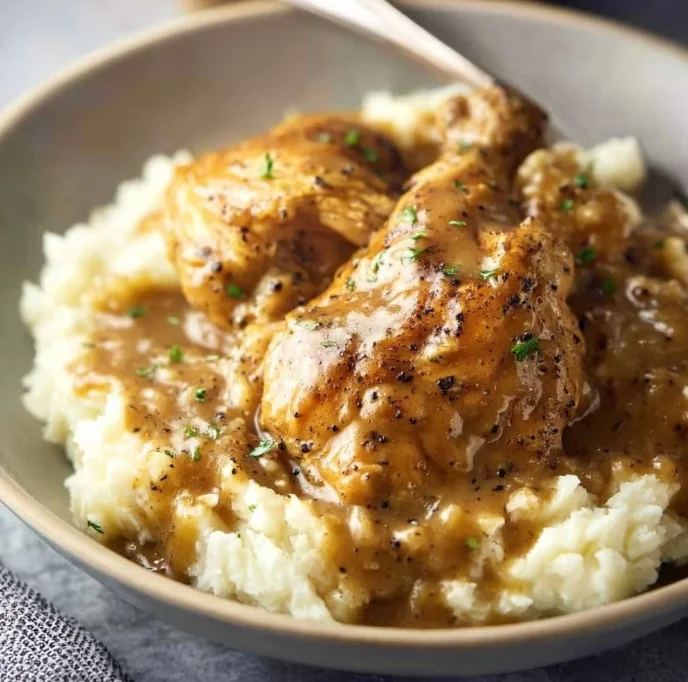 Delicious homestyle chicken and gravy served over mashed potatoes