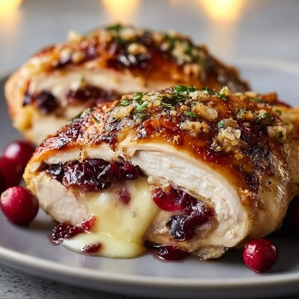 Cranberry brie stuffed chicken breast garnished with herbs