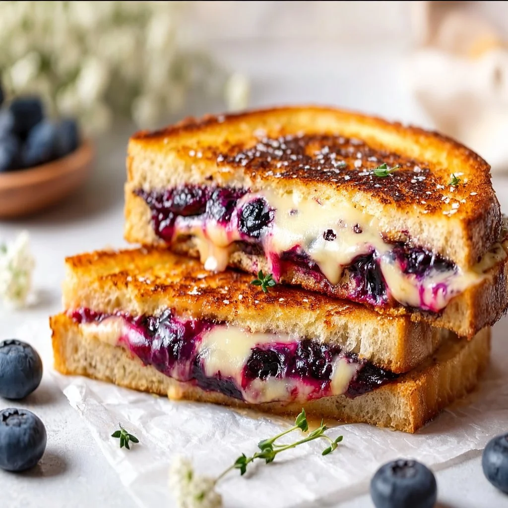 Juicy blueberry grilled cheese sandwich with melted cheese and fresh blueberries