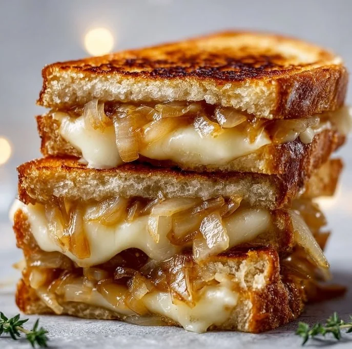 Pear and apple grilled cheese sandwich topped with caramelized onions