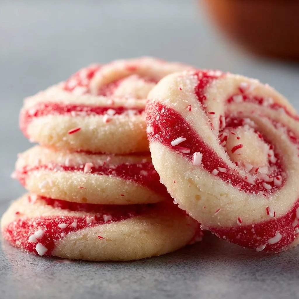 Delicious peppermint swirl cookies with vibrant red and white stripes.