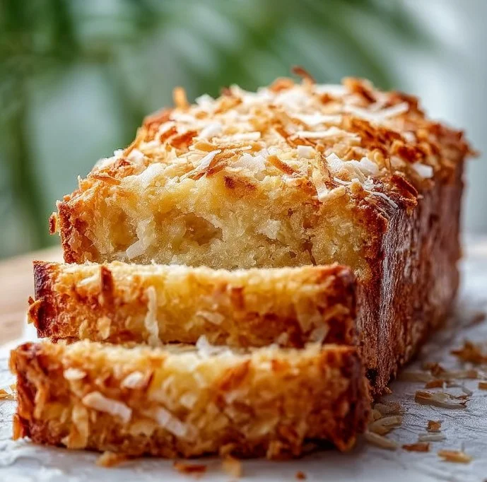 Delicious slice of pineapple coconut bread topped with coconut flakes