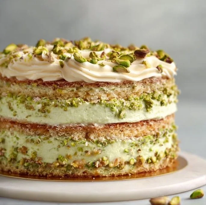 Delicious Pistachio Dacquoise cake with layers and decoration