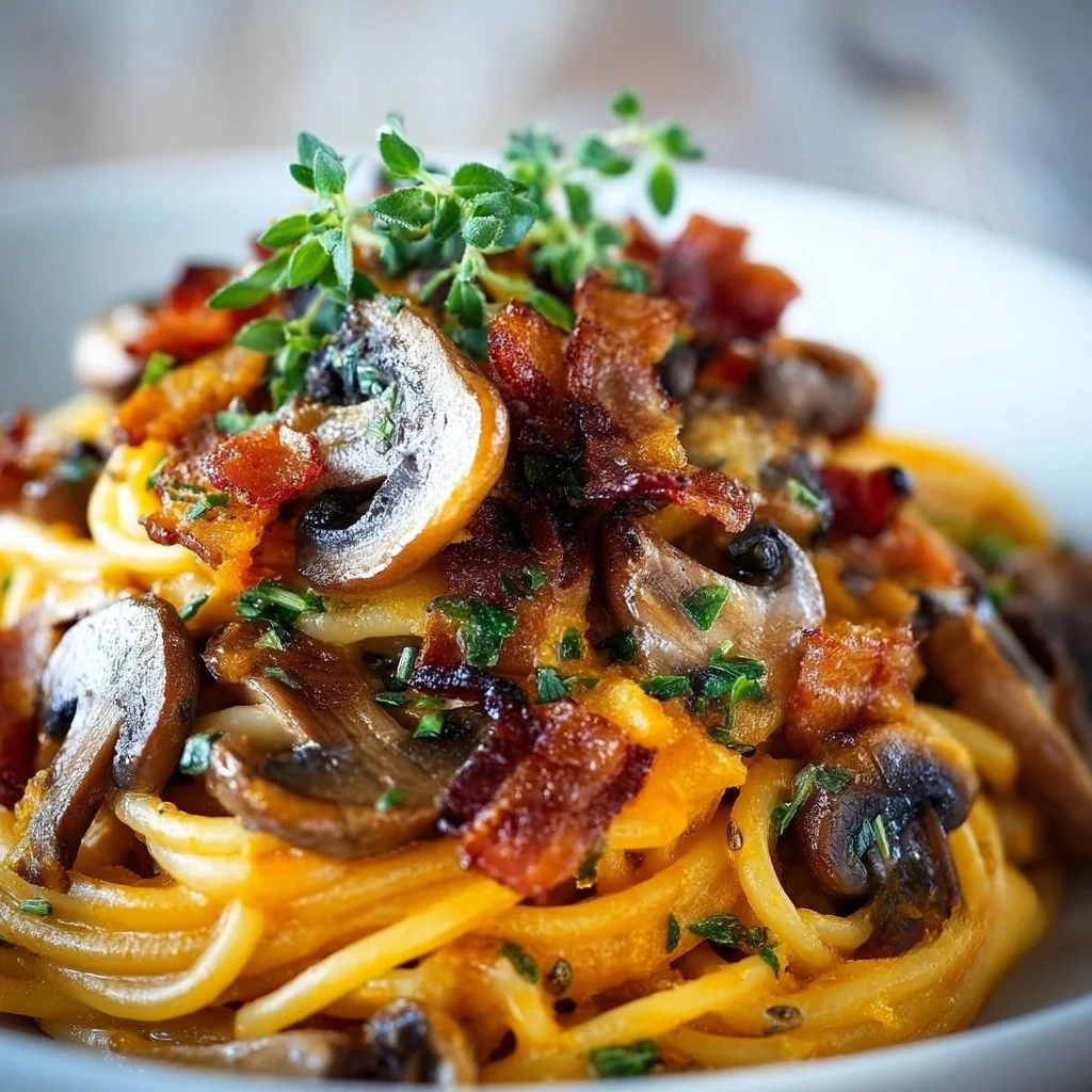 Delicious Pumpkin Mushroom Spaghetti served in a bowl with herbs