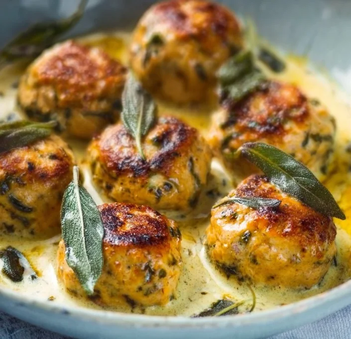 Delicious Pumpkin Chicken Meatballs in sage cream sauce ready to serve.