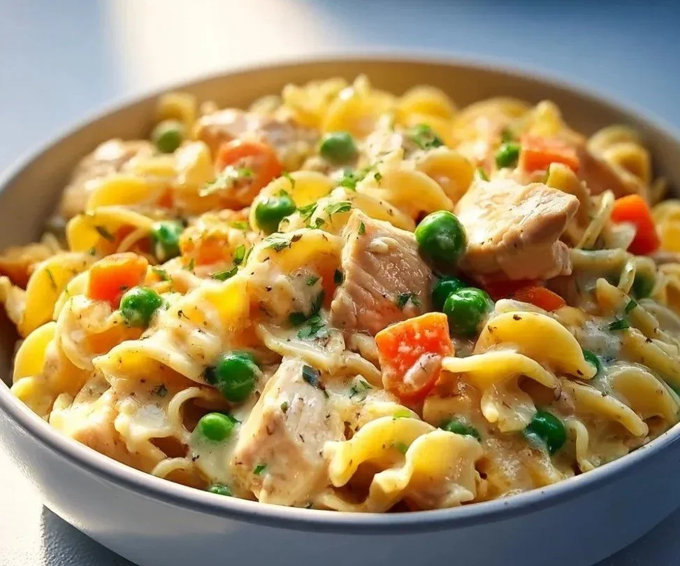 Quick Chicken Pot Pie Pasta 3 A delicious bowl of quick chicken pot pie pasta with vegetables and creamy sauce.