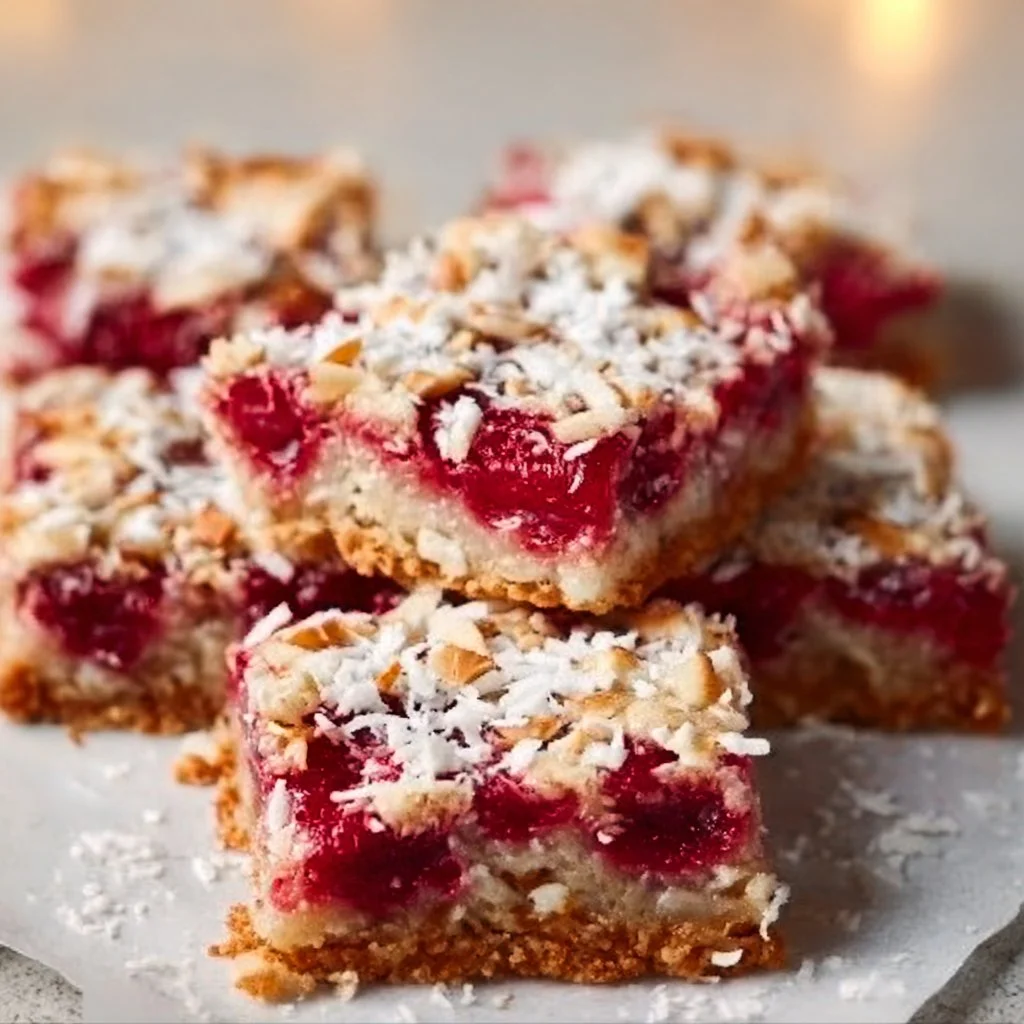Delicious Raspberry Coconut Magic Bars stacked on a plate