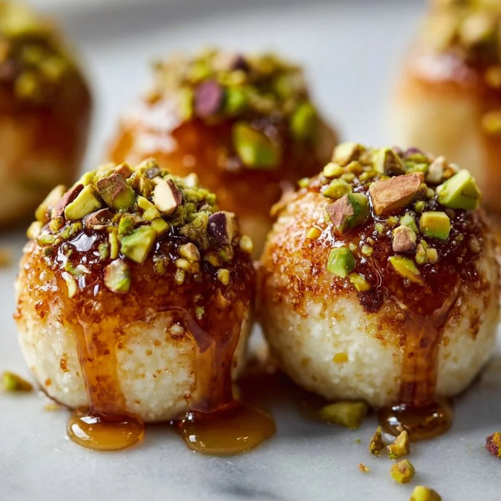 Ricotta Pistachio Honey Bites served on a plate, garnished with pistachios and honey.