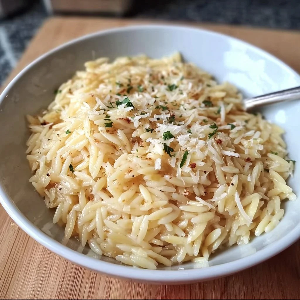 Creamy roasted garlic parmesan orzo dish garnished with parsley