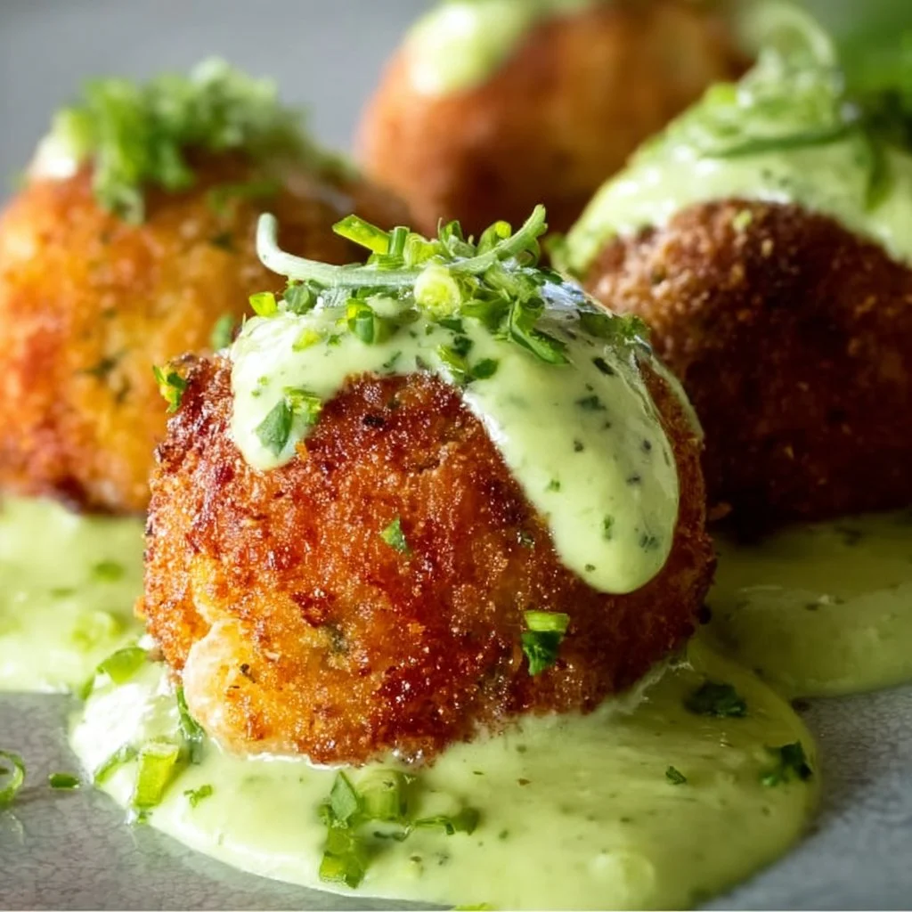 Salmon balls served with creamy avocado sauce, a delicious appetizer.