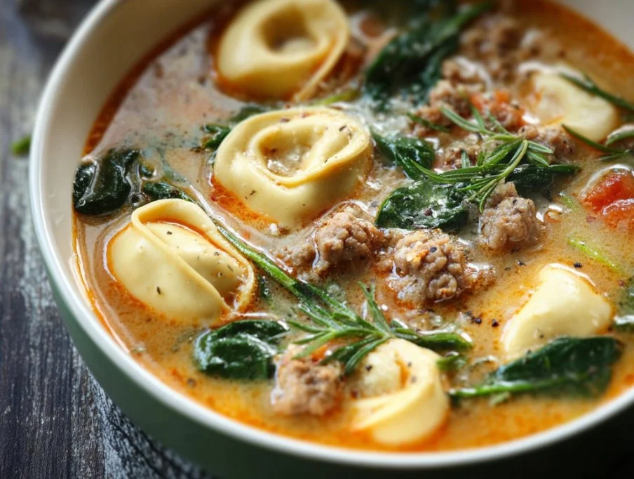 Bowl of Sausage Tortellini Soup with Spinach garnished with herbs