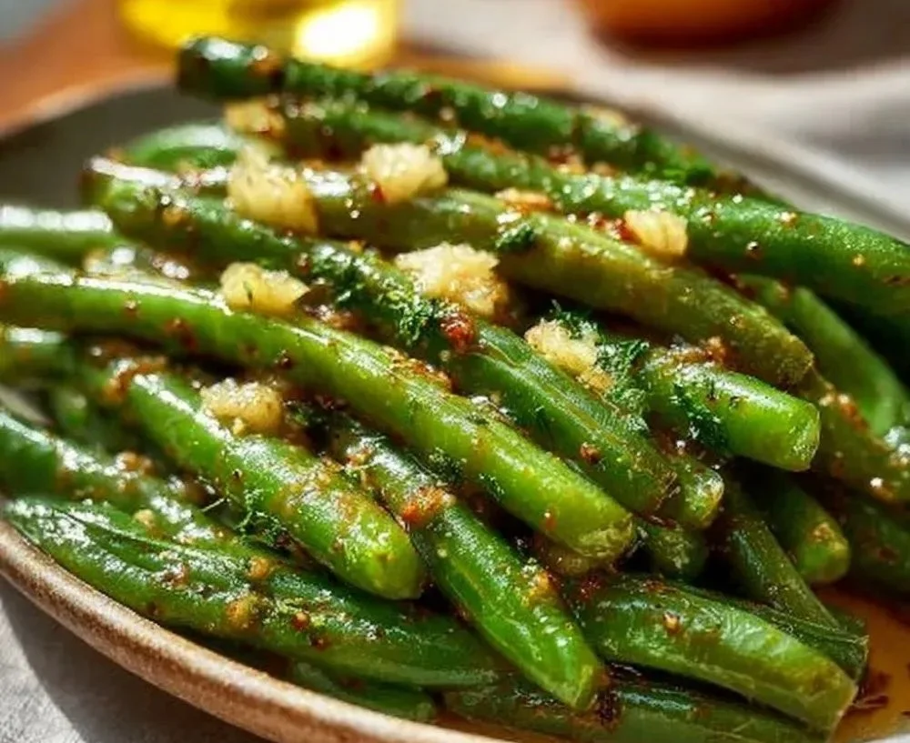 Savory Garlic Butter Green Beans 3 Plate of savory garlic butter green beans garnished with herbs