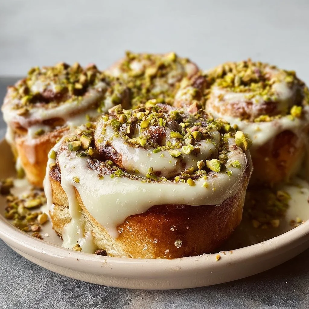 Small batch pistachio cream cinnamon rolls with cinnamon glaze
