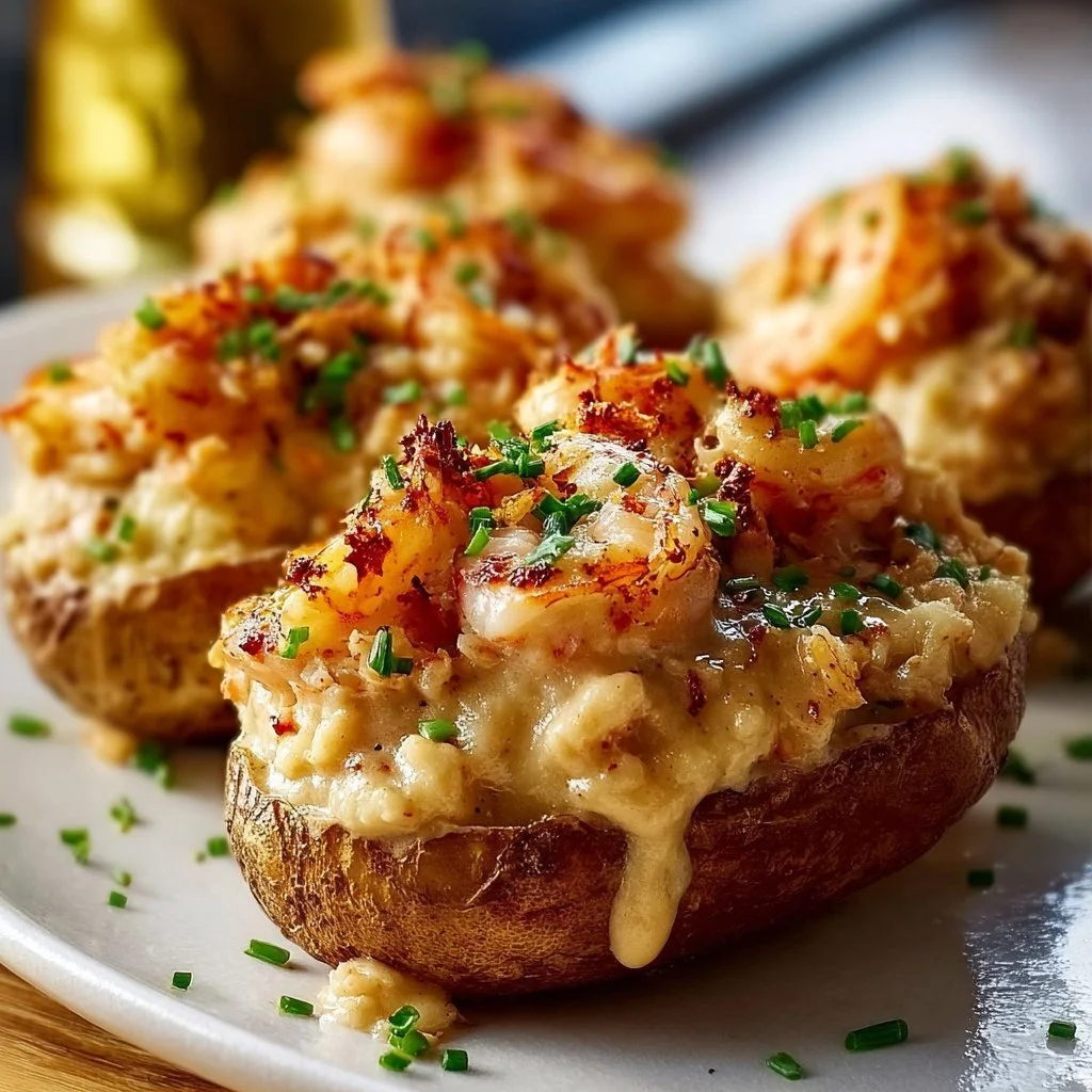 Delicious southern-style seafood stuffed potatoes topped with herbs and spices.