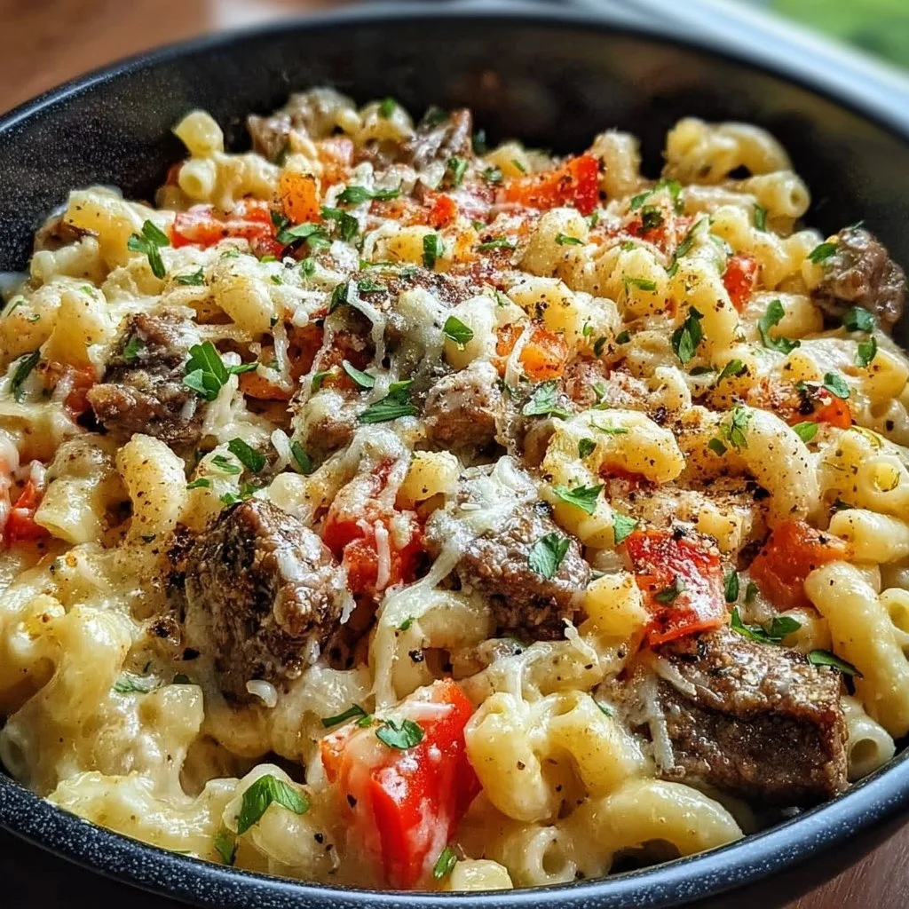 Delicious Steak Queso Mac topped with pepper jack cheese and steak bits