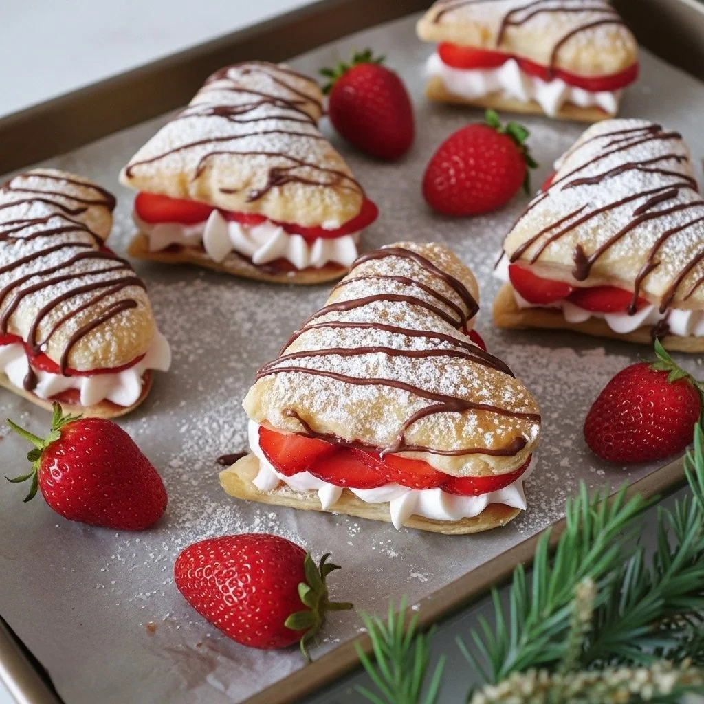 Delicious strawberry cream puffs filled with creamy filling and topped with strawberries.